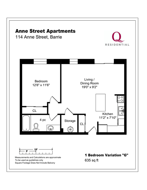 Floor plan for 1 bed, 1 bath, 635 sqft